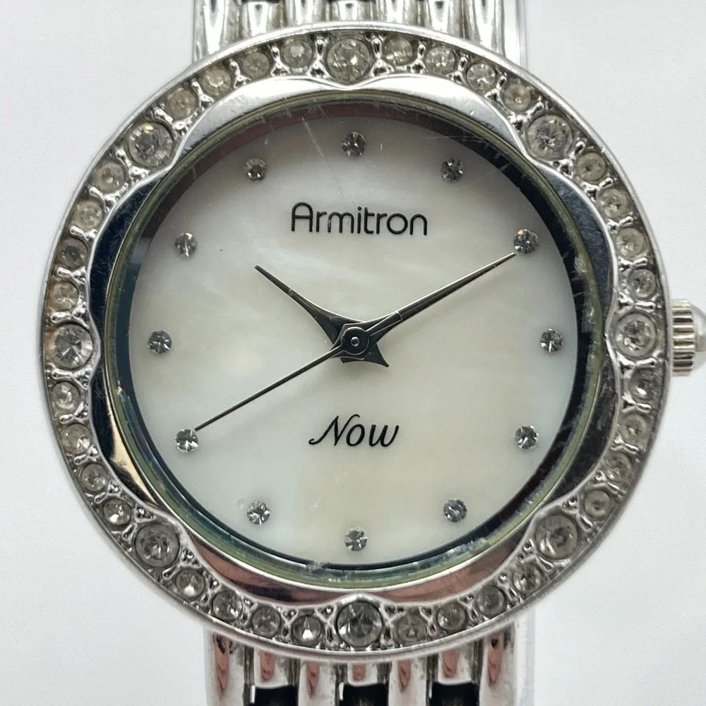 Armitron Now Women's Watch 28mm Silver Tone Crystals MOP Dial New Battery 6.75